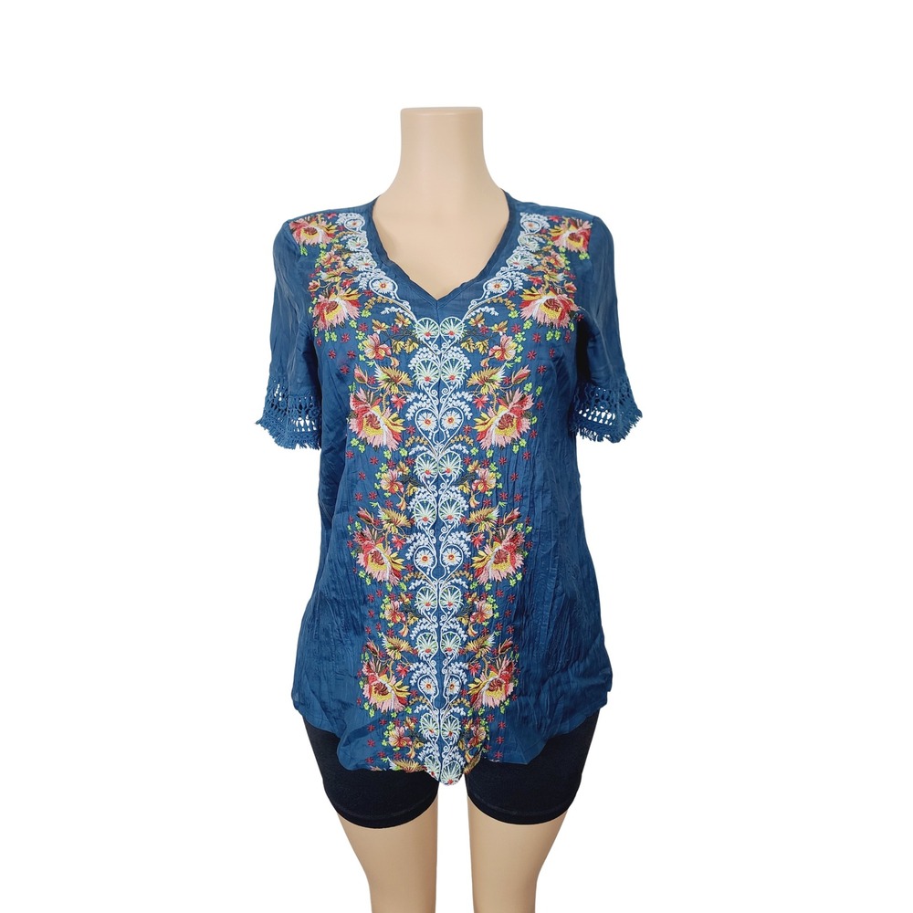 Sundance Boho Style Embroidered  V-neck Top, Women's Size M, Navy Blue